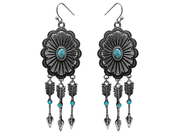 Round concho earring with turquoise and arrow dangles