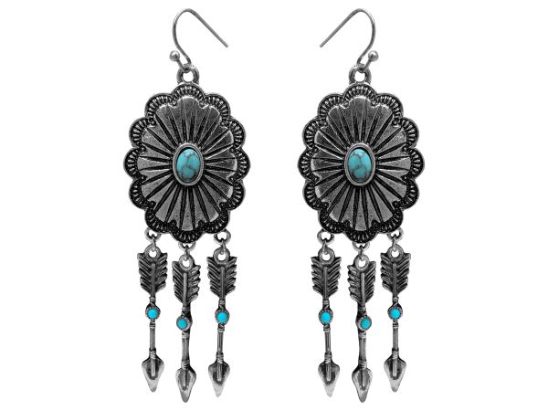 Round concho earring with turquoise and arrow dangles