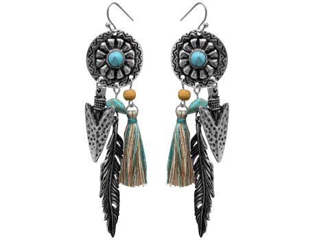 Round concho earring with feather and tassels