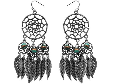 Silver dreamcatcher earrings with hook back, with turquoise and feather dangle accents