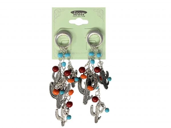 Silver hoop earrings with cactus and bead accent charms