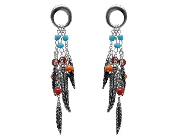 Silver hoop earrings with stud back, with feather and bead accent charms