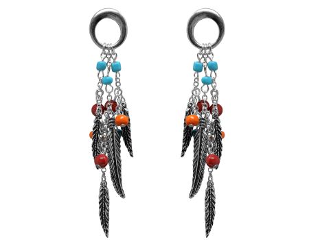 Silver hoop earrings with stud back, with feather and bead accent charms