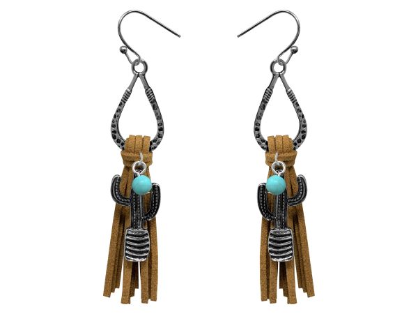 Teardrop silver earrings with hook back, with leather fringe and cactus dangle accent charm