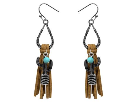 Teardrop silver earrings with hook back, with leather fringe and cactus dangle accent charm