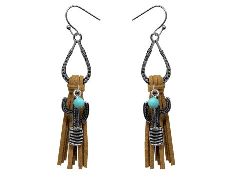 Teardrop silver earrings with hook back, with leather fringe and cactus dangle accent charm