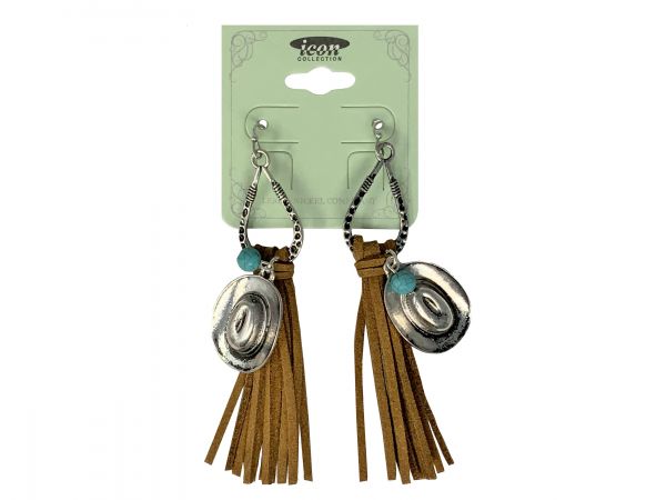 Teardrop silver earrings with hook back, with leather fringe and cowboy hat dangle accent charm