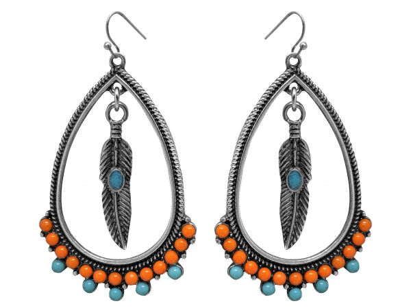 Beaded Teardrop Feather Dangle earrings with hook back