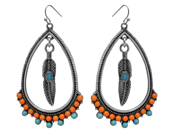 Beaded Teardrop Feather Dangle earrings with hook back