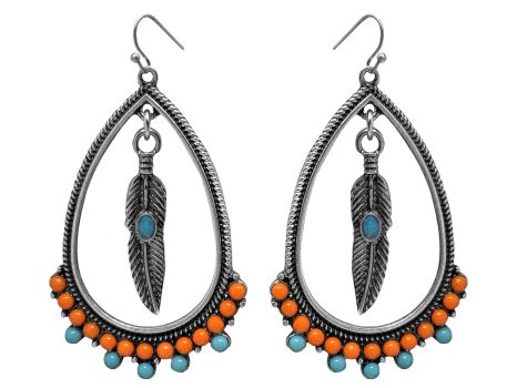 Beaded Teardrop Feather Dangle earrings with hook back