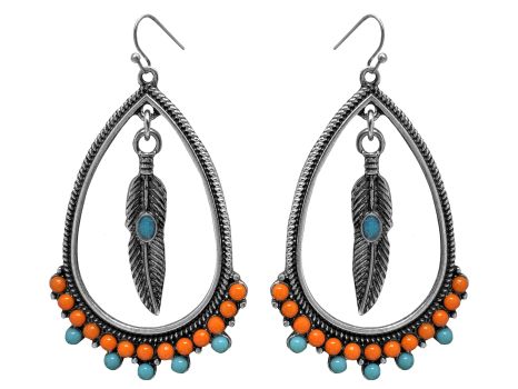 Beaded Teardrop Feather Dangle earrings with hook back