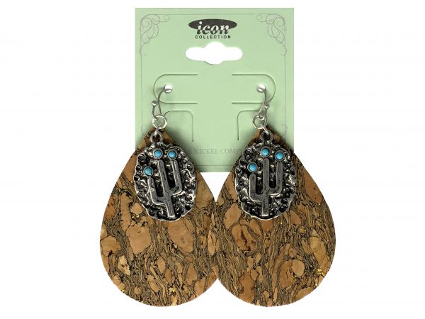 Teardrop cork earrings with hook back and cactus accent charm