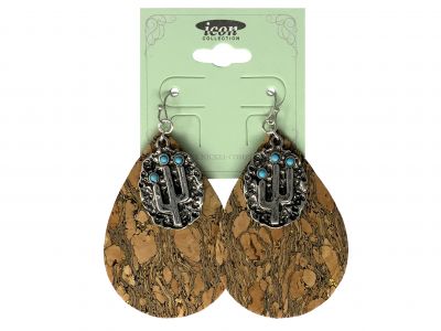 Teardrop cork earrings with hook back and cactus accent charm