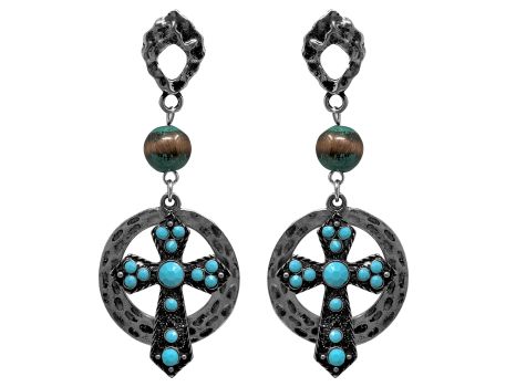 Cross Dangle earrings with stud back and turquoise stone accents