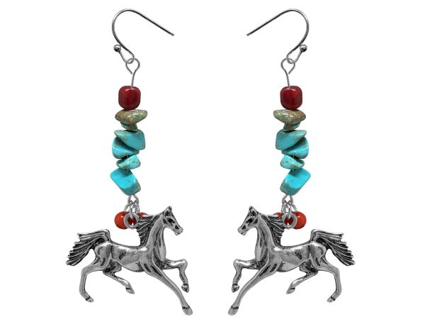 Silver running horse charm earrings with hook back and turquoise stone accents