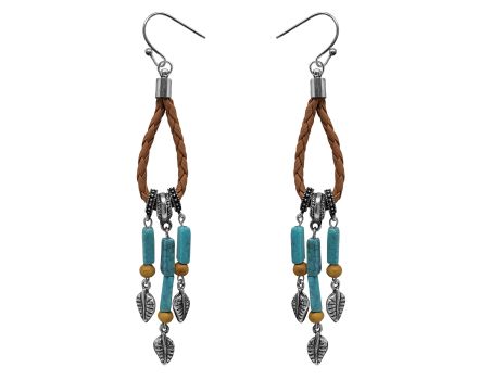 Teardrop leather laced earrings with hook back, with turquoise dangle accents