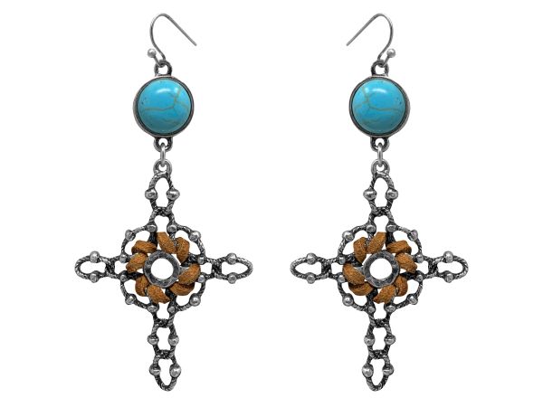 Cross silver earrings with hook back, with leather and turquoise accents