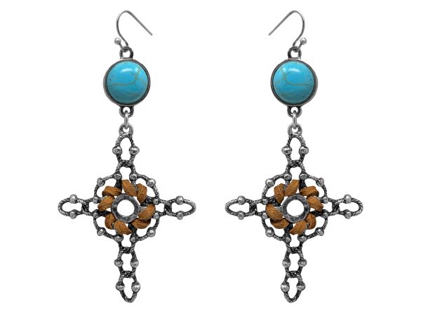 Cross silver earrings with hook back, with leather and turquoise accents
