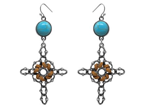 Cross silver earrings with hook back, with leather and turquoise accents