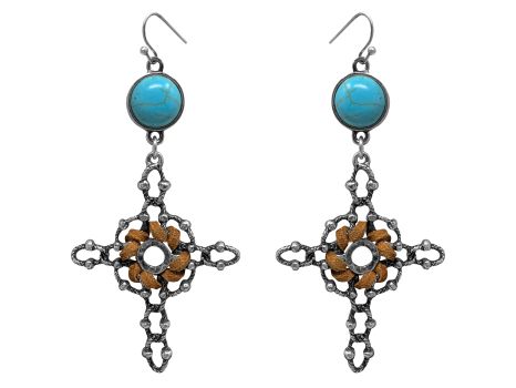 Cross silver earrings with hook back, with leather and turquoise accents