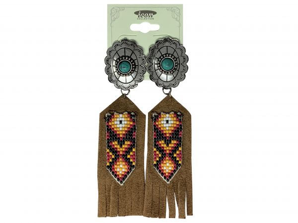 Concho Earrings with beaded leather accents - black and yellow