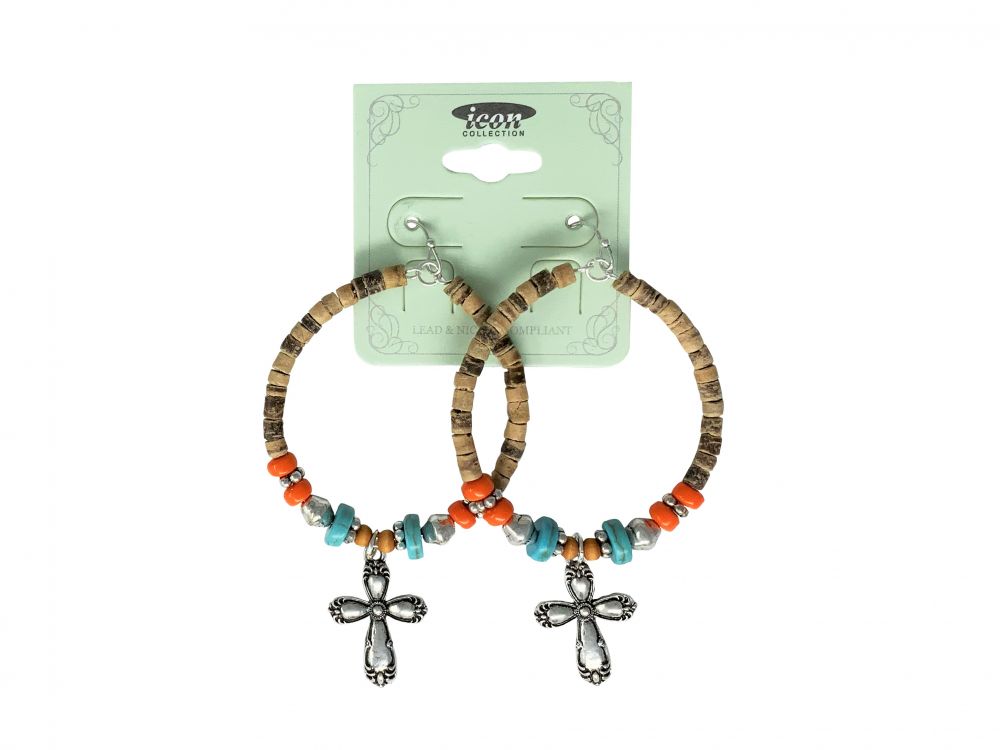 Beaded Hoop earrings with colored bead accents and cross charm