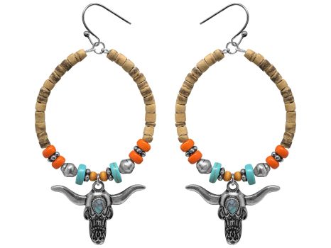 Hoop beaded and cork earrings with hook back and steer accent charm