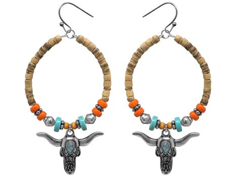 Hoop beaded and cork earrings with hook back and steer accent charm