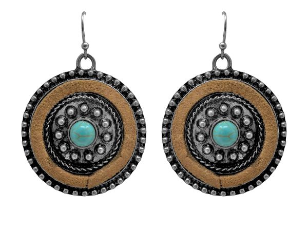 Western Concho Style Earrings With Turquoise Stone and Brown Suede
