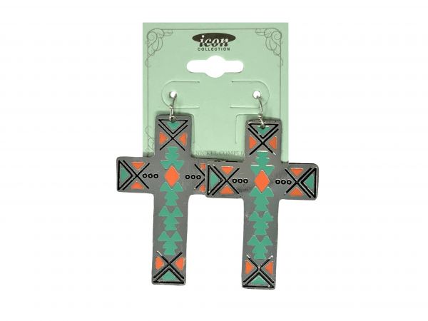 Teal and Pink Painted Cross Earrings