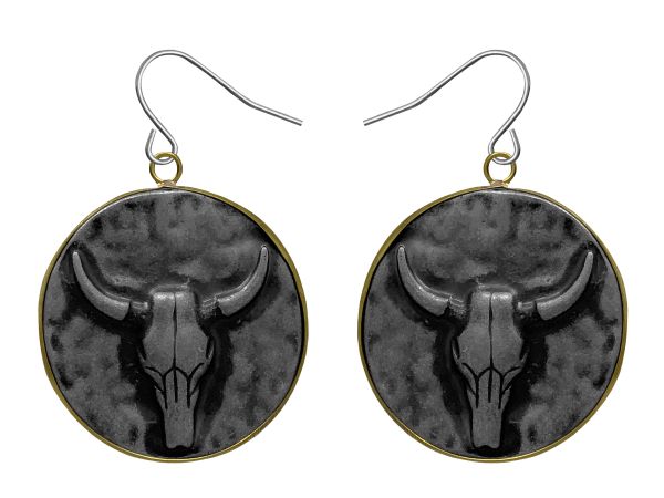 Attitude by Montana Silversmith, Set of black longhorn on silver disk earrings with fishhook back