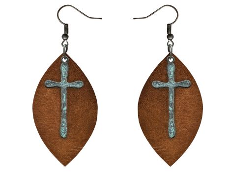 ATTITUDE Earrings with Leather Tear Drop and Cross Accent