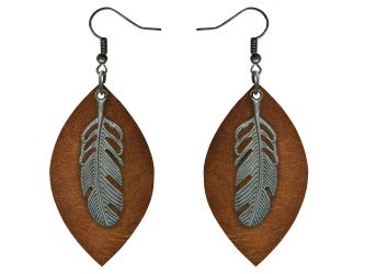 ATTITUDE Earrings with Leather Tear Drop and leaf Accent