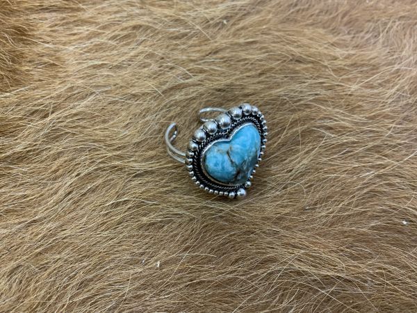 Adjustable heart silver ring with turquoise stone accent #2