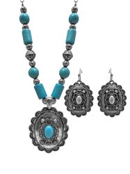 Western Statement Silver Tone Turquoise Stone Necklace and Earrings Set