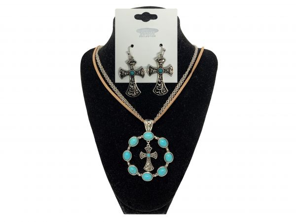 Turquoise cross earring and round necklace set