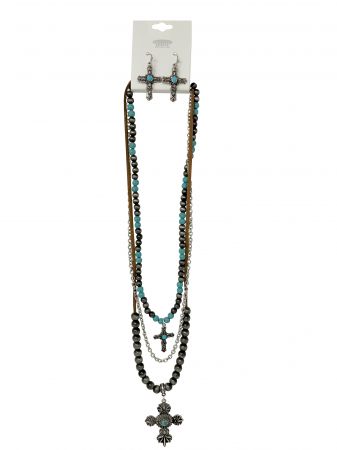 Turquoise cross earring and beaded necklace set