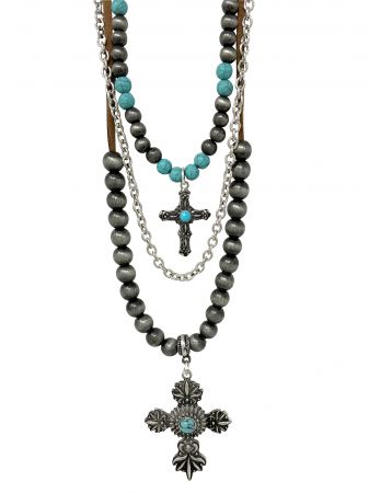 Turquoise cross earring and beaded necklace set #2