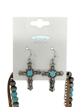 Turquoise cross earring and beaded necklace set #3