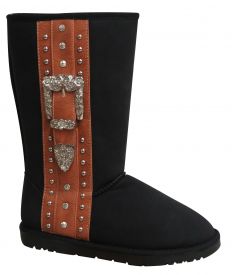 P&G Black suede tall boot with camel trim and engraved buckle