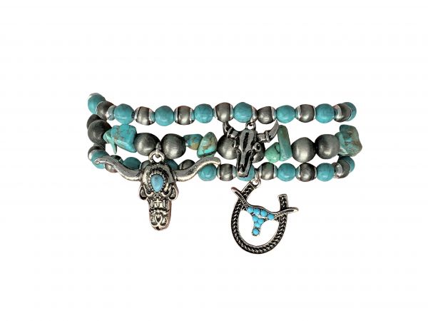 Teal and Silver beaded bracelet with steer head charms