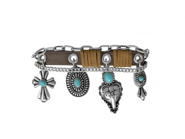 Leather bracelet featuring round concho accents and toggle clasp