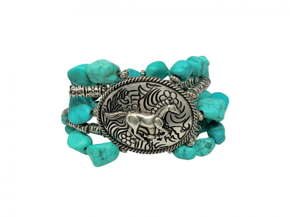 Turquoise Stone bracelet with running horse design concho