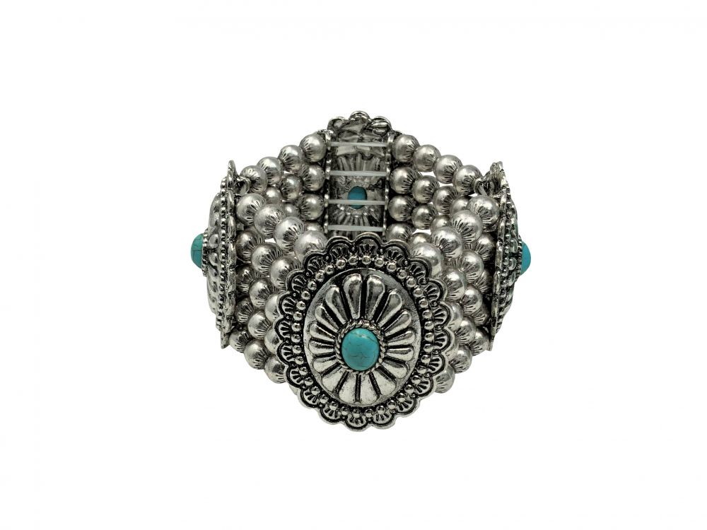 Silver beaded bracelet with turquoise conchos