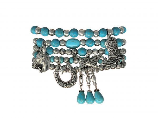 Teal and Silver beaded bracelet with western charms