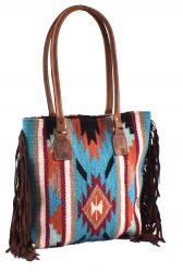 Showman Genuine Leather Teal and Orange Saddle Blanket Handbag with Fringe