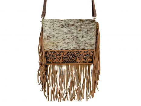 Showman Leather Crossbody Bag with hair on cowhide and fringe