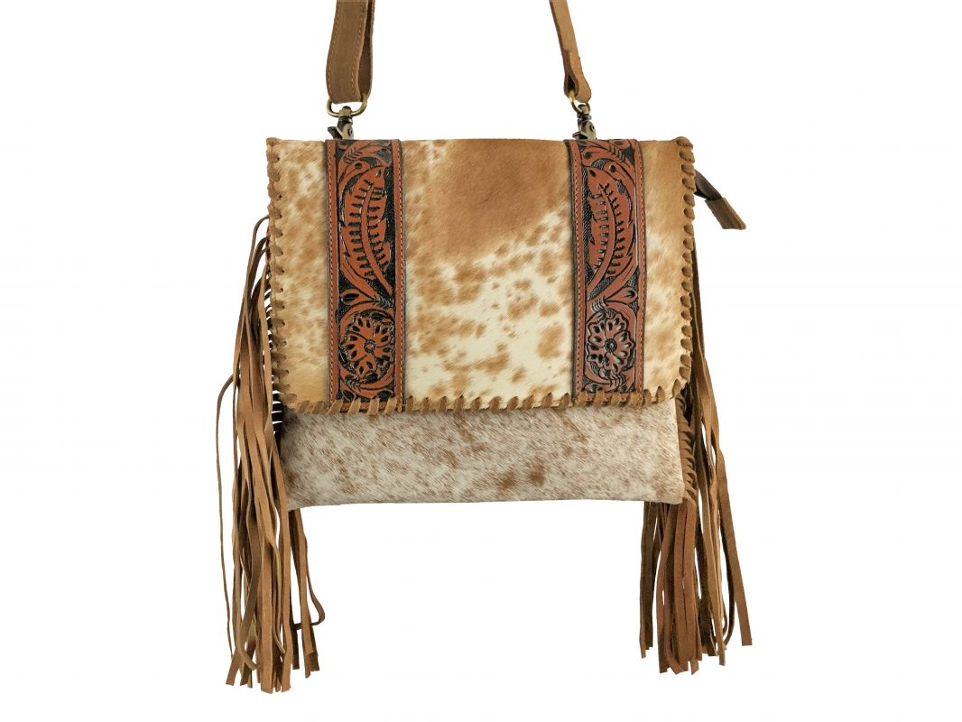 Showman Leather Crossbody Bag with fringe design and floral tooled leather accents
