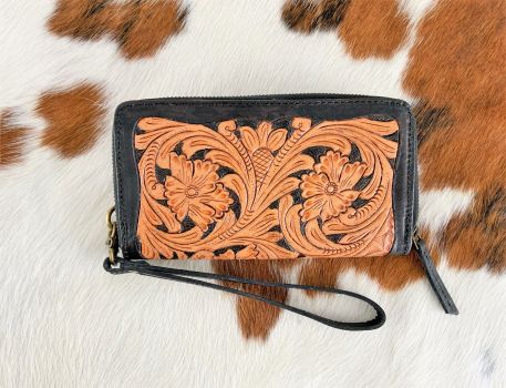 Showman Genuine Leather Clutch Wristlet with floral basket weave tooling #2