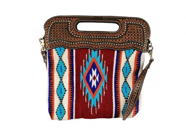 Showman Saddle blanket handbag with genuine leather basket tooled handle with strap - Red and cream